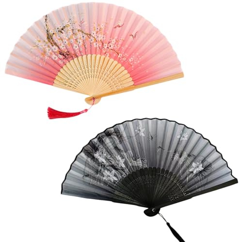 YTPAFK 2 Pcs Folding Fan, Hand Fans for Women Folding, Silk Fabric Bamboo Handheld Folding Fan for Dancing Cosplay Props Wedding Party Home Decorations(Pink, Black)