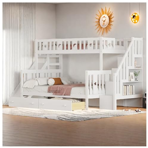 Seyakany Lit Enfant 90x200/140x200 cm, lit superposé en Bois Massif avec Toboggan et étagère avec marches de sécurité, Deux Grands tiroirs et sommier à Lattes, Blanc