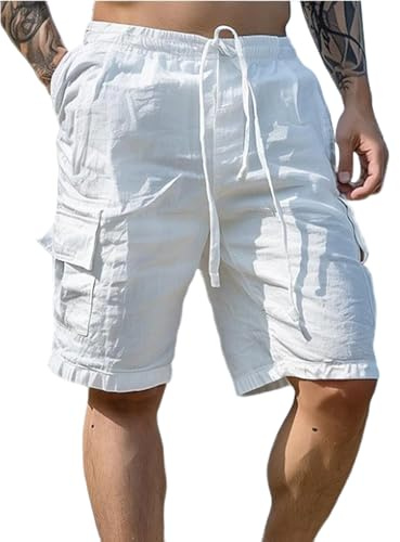 PADOLA Short Homme Coton Lin Bermuda avec 4 Poches Été Plage Cargo Shorts et Bermudas Taille Elastique Short de Travail Cordon de Serrage Uni Baggy Pantacourt Casual Décontracté (0 Blanc, L)