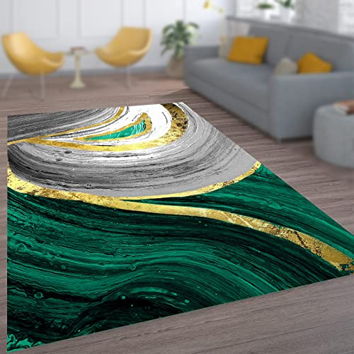 Yaaxinb Teppich Kurzflor,Abstrakt dunkelgrün, grau, Gold,140 x 220 cm, rutschfest, waschbarer Polyester Teppiche Orientteppich für Wohnzimmer Schlafzimmer Küche Sofa,Dark Green