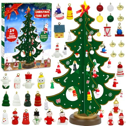 Christmas Advent Calendar 2025 24 Days Countdown Surprises for Kids Christmas Decoration Mini Wooden Xmas Tree with 29 Ornaments Includes Santa,Bell for Adults Boys Girls Gifts