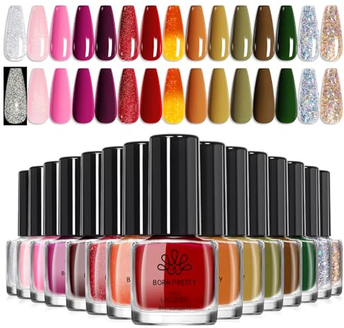 BORN PRETTY Nail Polish Set, 15Pcs Quick Dry & Long Lasting Pink Red Brown Colors Nail Varnish Gift Set for Women