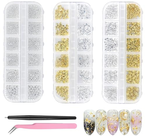 3 Cajas de Decoración Uñas 36 Estilos Accesorios para Uñas Nail Art Contiene 1 par Pinzas y 1 Bolígrafo Diamantes Imitación Adecuado para Decoración de Uñas,Fundas de Teléfono Móvil DIY