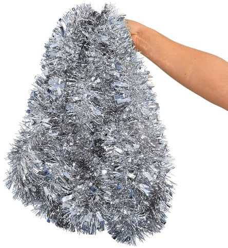 HongFuFu Guirlande de Noël en lamelles argentées de 10M, feuille métallique PET de 9cm d’épaisseur pour décoration de sapin, cheminée, fête et vacances