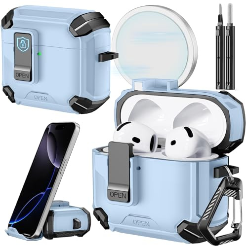 Inesore for AirPods 4 Hülle (2024) with Phone Stand Design, Compatible with MagSafe, Auto-Locking Case Cover for Air Pods 4 with Cleaning Kit & Keychain, Sky Blue