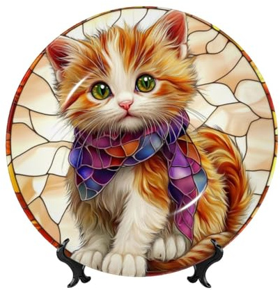 Piatti decorativi in porcellana Bone China con supporto, in vetro colorato, motivo gattino arancione, per cucina, sala da pranzo, armadietto del vino, decorazione per la casa, 20 cm