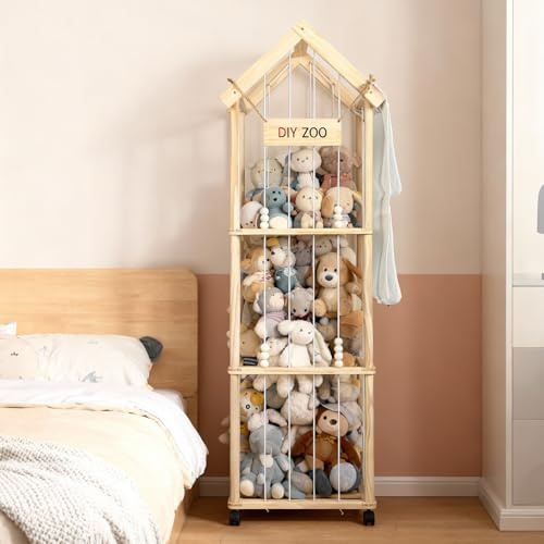 Jradse Aufbewahrung Kuscheltiere, 146x42x32CM Massivholz, 360° Drehbar und Arretierbar Plüschtier Aufbewahrung für Wohnzimmer, Schlafzimmer und Kinderzimmer (mit Aufbewahrungstaschen)