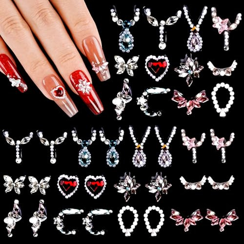 JODSONE Set di 24 punte per unghie, 12 design diversi (inclusi stile corona e lucido), con pinzette, pietre e ciondoli per nail art