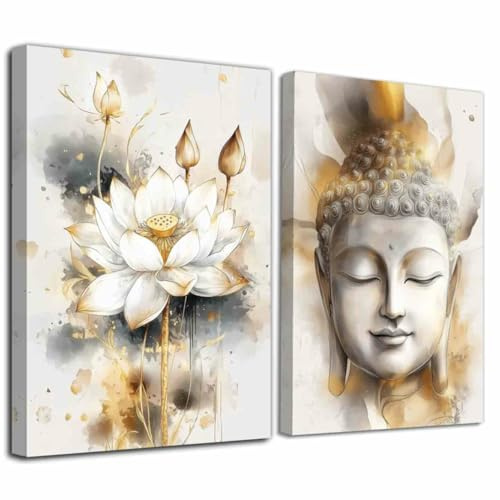 LZIMU 2 teiliges Zen Bild in Weißgold: Buddha und Lotus Yoga Meditationsstudio Leinwanddruck spirituelles Poster Aquarellkunst Wohnzimmer oder BüroDekor ((28x35cmx2 Teilig))