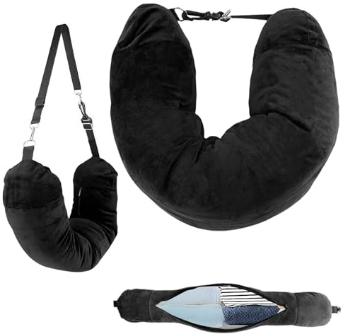 HAVIRI Fillable Travel Pillow, Portable Empty Neck Pillow Stuffable for Travel with Adjustable Straps, Soft Airplane Pillows Stuffable for Essentials Extra Luggage, Travel Essentials (Black)