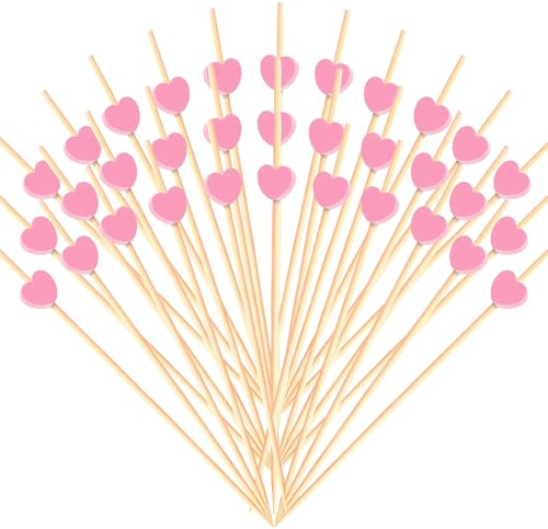 100 Piezas Palillos para Aperitivos Corazo, Brochetas de Cóctel Corazón, Fiesta Palillos Decorativos de Madera para Frutas Postres Comida San Valentín Bodas Decoración (Rosa-D)