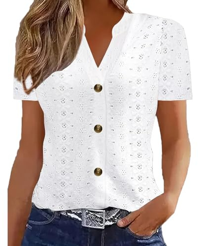 Summer Tops for Women UK - Ladies Blouses 2026 Elegant Going Out Eyelet Embroidery Short Sleeve Tops Hollow Out Casual Business Outfits Tunic Tees Breathable Button Down V-Neck T-Shirts