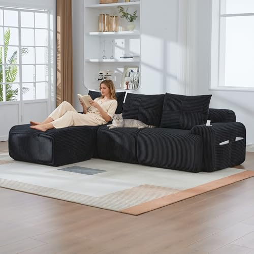 DRIXNO Modulares Sofa 3-Sitzer mit Hockern, Sofa mit Schlaffunktion, Inklusive Getränkehalter und seitlicher Aufbewahrungstasche, L-förmiges Couch Freistehend, für Wohnzimmer, Schwarz