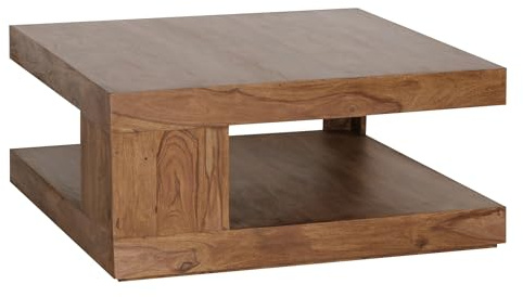 FineBuy Couchtisch 90x90x40 cm Sheesham Massivholz mit Ablage, Braun | quadratischer Wohnzimmertisch aus Echtholz mit zweiter Ebene, Sofatisch handgefertigt, jedes Stück ein Unikat