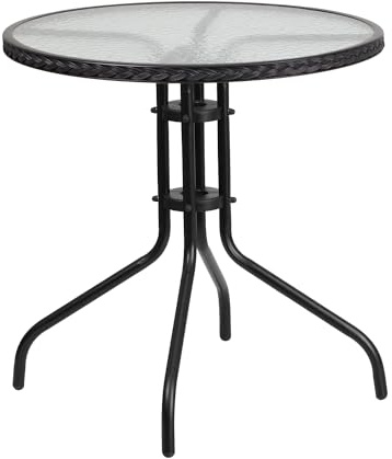 Flash Furniture Barker 28'' Round Tempered Glass Metal Table with Black Rattan Edging