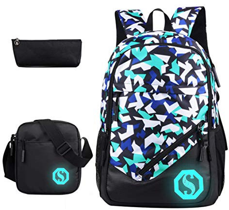 SellerFun Teenage Boy Girl Unisex Multifunctional School Bag Backpack with Florescent Mark(ColorA 3 Sets,20L)