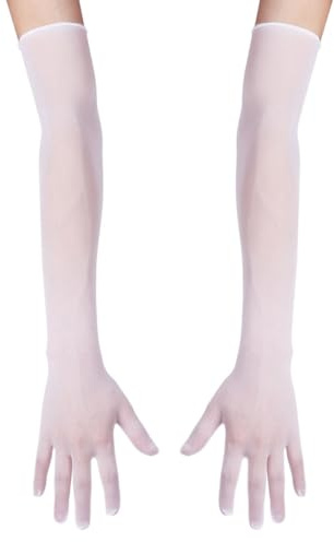 FEESHOW Damen/Herren Nahtlose Handschuhe Stulpenärmel Elastisch Strumpfhosen Nylon Durchsichtig Ellenbogen Lang für Hochzeit Abend Weiß Einheitsgröße