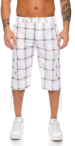Kendindza Collection Homme 3/4 Cargo Pantalon Pantacourt Short de Bermuda Court Vetement Regular Ceinture Carreaux avec Poche d'été Grande Taille Coton (Blanc 665, XXL)