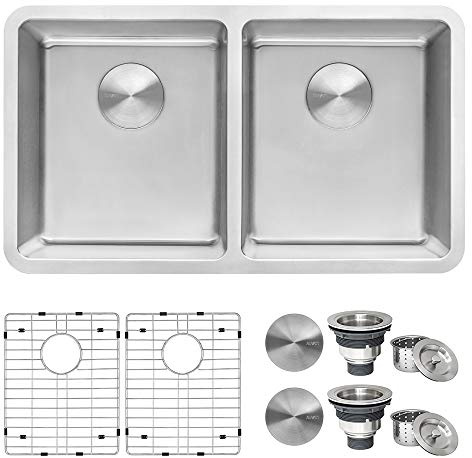 Ruvati 31- inch Undermount Kitchen Sink – 50/50 Double Bowl Kitchen Sink, 16 Gauge T-304 Stainless Steel Sinks, Undermount Sinks with Brushed Finish hides scratches – RVM5099