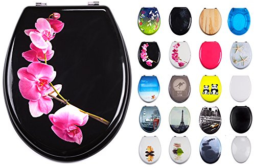 MSV - Lunette de WC et Abattant Cœur MDF - Charnières Acier Inoxydable - Design Bornéo - Noir - 43 x 37 x 5 cm - Picots Antidérapants - Facile à Nettoyer