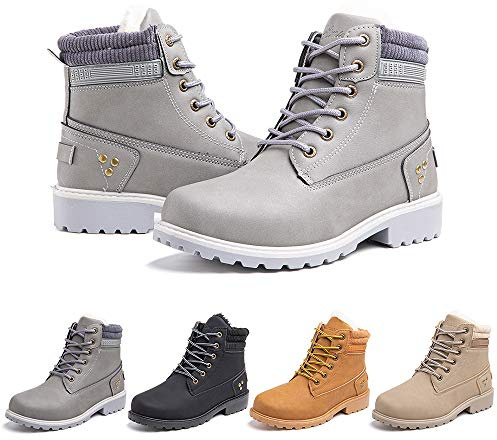Ladies Ankle Boots Womens Fur Lined Snow Shoes Winter Combat Boot Warm Lace Up Outdoor Plat PU Leather Booties Comfy Fashion 3.5-9 UK Grey C 38 (5 UK)