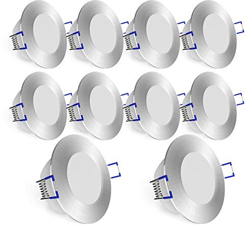 linovum WEEVO Einbauspot 10er Set silber rund IP44 5W warmweiß flach 29mm | Zehn extra flache Einbauspots IP44 - warmweiß, milchige Front, nur 29mm tief, für Bad, Küche & außen, direkt an 230V
