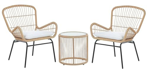 Beliani Gemütliches Balkonset Rattan/Stahl 2 Stühle 1 Tisch hellgraue Auflagen Labico