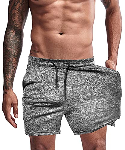 Agilelin Sportshorts för män, innersöm med ficka, träning, snabbtorkande, GRÅ, XL