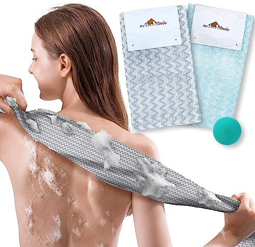 myHomeBody Extra langer Peeling-Waschlappen, Peeling-Körperpeeling, Peeling-Handtuch, Japanischer Waschlappen, 3D-Textur Silver Grey and Arctic Blue Chevron, 2er-Set mit Bonus-Gesichtsbürste