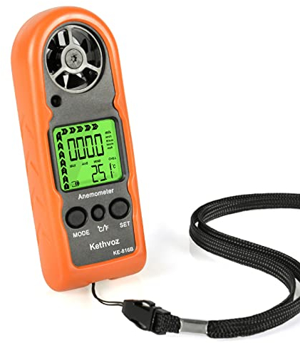 Mini Windmesser Digital Windmessgerät, Kethvoz Handheld Anemometer Messen Luftstrom 0.3~30m/s, Wind Gauge with Thermometer for Windsurfing Kite Drone Flying Sailing Surfing KE-816B