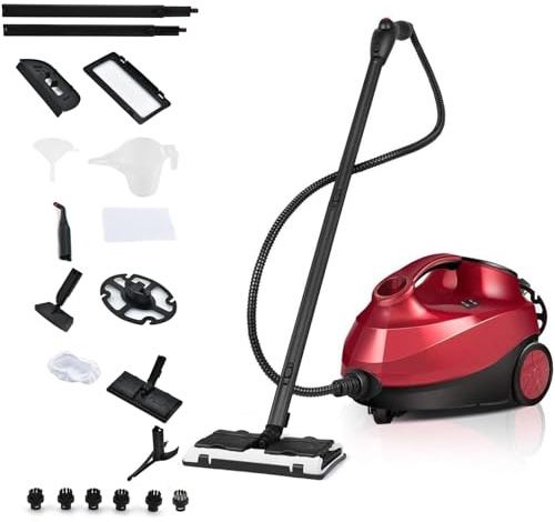 RELAX4LIFE Pulitore a Vapore 2000W, Serbatoio 1,5L da 45 Minuti, 19 Accessori, Continuo a 108°C e 4 Bar per Pavimenti, Tappeti, Auto, Vetri, Igienizza Senza Chimici, Blocco Sicurezza Bambini (ROSSO)