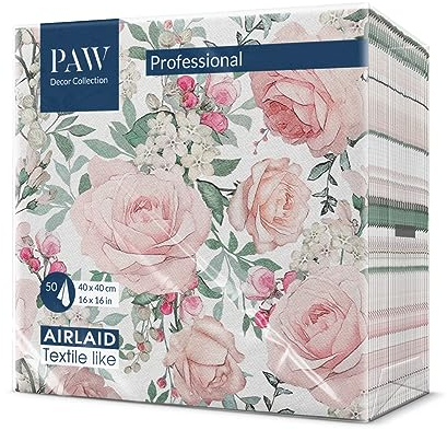 PAW Serviette de Table Papier - Airlaid (40 x 40 cm) I Fleurs, Roses I Décoration Anniversair, Mariage, Bapteme Garcon et Fille I Structure en Tissu I Color: Gorgeous Roses