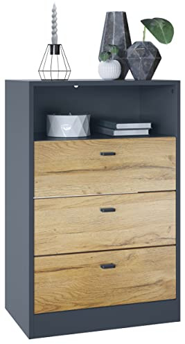 Vladon Kommode Pino V2, Made in Germany, Anrichte mit 3 Schubladen & 1 offenem Fach, Anthrazit matt/Eiche Natur ohne LED (56 x 86,5 x 36 cm)