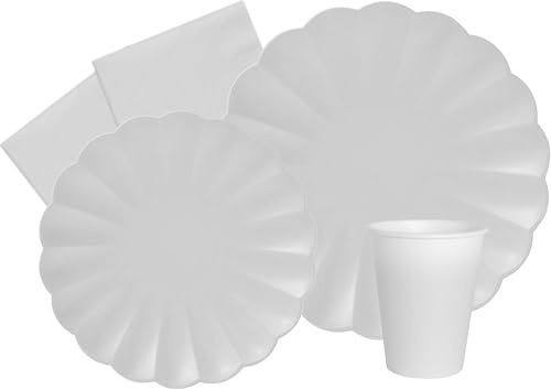 Partygeschirr Party-Set Flower Shape für 24 Personen (112 pcs: 24 Pappteller Ø23cm, 24 Pappteller Ø18cm, 24 Becher 250ml, 40 Servietten 33x33cm) aus eco-Friendly kompostierbarem Papier, Weiß