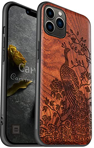 Carveit Coque Compatible avec iPhone 11 Pro Max Étui en Bois [Etui en Bois Rigide Antichoc avec Cadre en TPU] Téléphone Étui pour 11 Pro Max Premium Coque (Rosé-Paon élégant)