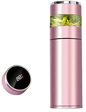 Bottiglia per infusore da tè, thermos da caffè, Smart Sports Water Bottle con display LED di temperatura, doppia parete isolata sottovuoto – Tazza da tè da viaggio con filtro in acciaio inox (rosa)