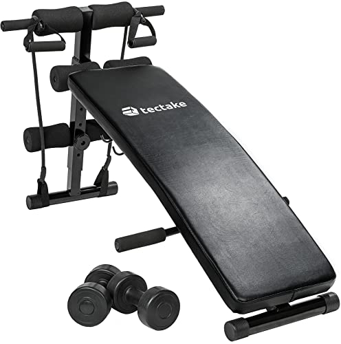 tectake® Bauchtrainer, multifunktionale Sit-Up Bank, Fitnessgeräte für zuhause, höhenverstellbar, Hantelbank klappbar, inkl. Hanteln und Trainingsseilen, Fitness Geräte für Home Gym Equipment