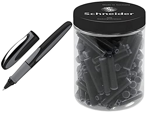 Schneider 187807 Ray Tintenroller (Nachfüllbar mit Standard Tintenpatronen, geeignet für Rechts- und Linkshänder) onyx & 6801 Tintenpatronen schwarz, 100 Stück, 100 Stück (1er Pack)