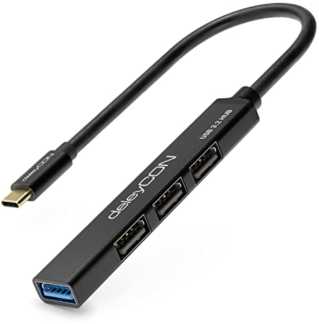 deleyCON USB C HUB 4 Puertos Distribuidor - (1x USB3.0 / 3X USB2.0) Carcasa de Aluminio, 15cm, para PC, Laptop, Notebook, Macbook, iMac, iPad, iPhone, Galaxy, Smartphone, Tableta - Negro