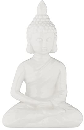 Relaxdays Figura Buda Sentado, 17 cm, Estatua Budista Jardín, Resistente Intemperie y Heladas, Exterior, Salón, Blanco