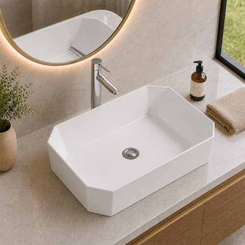BELOFAY Counter Top Bathroom Sink Basin – Modern White Ceramic Wash Basin with Scratch-Resistant Gloss Surface – Sink basins for Cloakroom,Vanity Cabinet and Bathrooms(Rectangular 3)