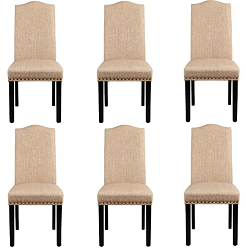 Yaheetech Esszimmerstühle 6er Set Küchenstuhl mit Hoher Rückenlehne, Khaki | Polsterstuhl bis 136 kg Belastbar, gepolsterte Sitzfläche aus Leinen, Beine aus Massivholz, für Küche und Esszimmer