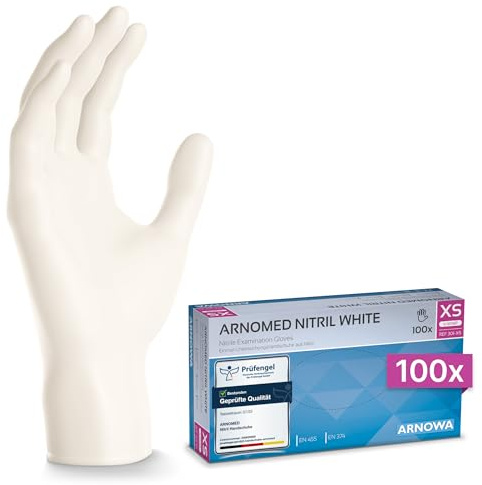 100x ARNOMED® Guantes nitrilo talla XS Blanco, Guantes desechables quirurgicos y laboratorio, Luvas nitrilo descartaveis sin polvo y látex, Manoplas nitrilo en XS, S, M, L, XL, XXL