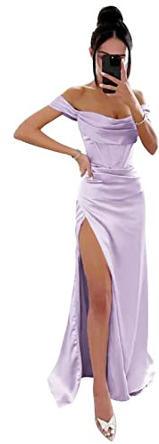 HPPEE Vestido de graduación con hombros descubiertos, largo, sin mangas, corsé de sirena, vestido de satén para invitados de boda, con abertura para mujer, Lila, 40