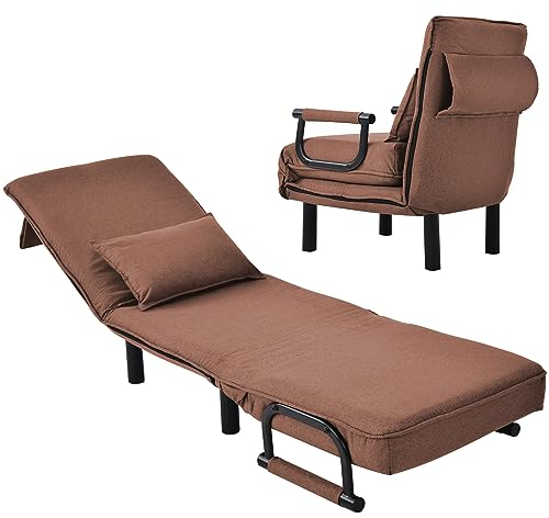 kubeier Klappsofa klappbar, Bodensofa Schlaf- & Liegefunktion, Einzelsofa mit Armlehne & Rückenkissen, 6-Fach verstellbare Rückenlehne, Sofa für kleine Häuser, Wohnung, Büro, bis 150kg,Brown