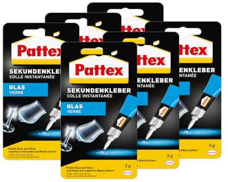 Pattex Sekundenkleber Glas, klebt auf Glas und Glas mit anderen Materialien*, Transparent, Spülmaschinenfest, 6x 3g