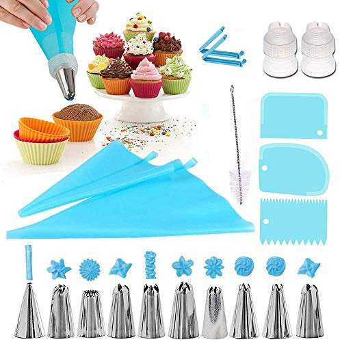 TopHomer 20Pcs Cake Decorating Kit with Silicone Pastry Bag, Piping Tips, Coupler, 3 Cake Scrapers, Stainless Nozzles Set for DIY Cake Decorating (Blue)
