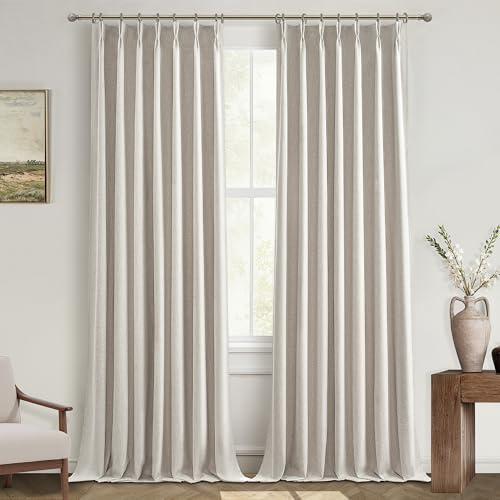 QJmydeco Primitive Vorhang, 274 cm lang, 2 Paneele, plissiert, cremefarben, Leinen-Mischgewebe, 2,7 m, bodenlang bis zur Decke, Traverse-Vorhänge für Wohnzimmer, extra breit, Verdunkelungsvorhänge,
