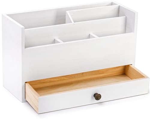 Eorbow Weißer Holz-Post-Organizer, Schreibtisch-Organizer mit 1 Schublade, Schreibtisch-Briefhalter, Akten-Organizer, rustikaler Arbeitsplatten-Briefsortierer, Aktenpapierhalter für Stift,