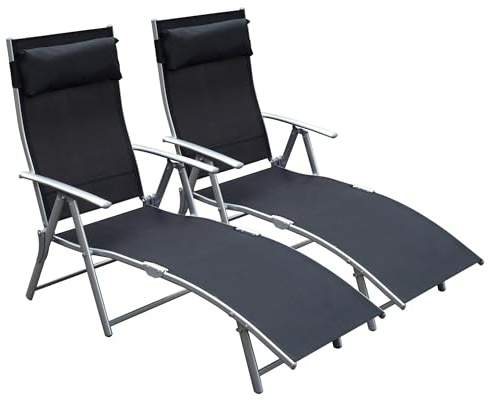 Outsunny Conjunto de 2 Tumbonas Plegables Tumbonas de Jardín con Respaldo Ajustable Almohada y Reposabrazos Carga 165 kg para Piscina Terraza Camping 137x63,5x100,5 cm Negro